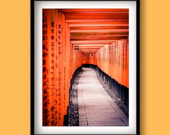 May include: Framed photograph of a pathway through a series of vibrant orange torii gates. The gates are closely spaced, creating a tunnel effect. The path is paved with stone, leading into the distance. Japanese characters are visible on the gates.