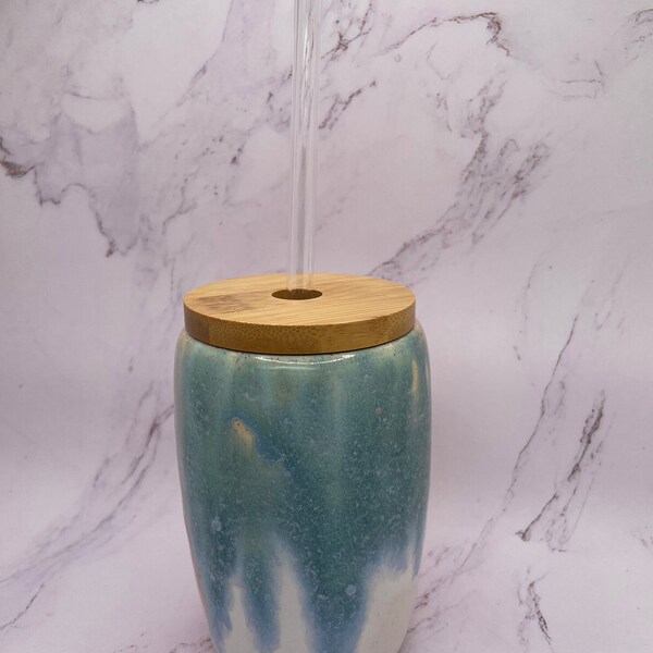 Handcrafted Ceramic Tumbler with Bamboo Lid and Glass Straw- Blue Haze