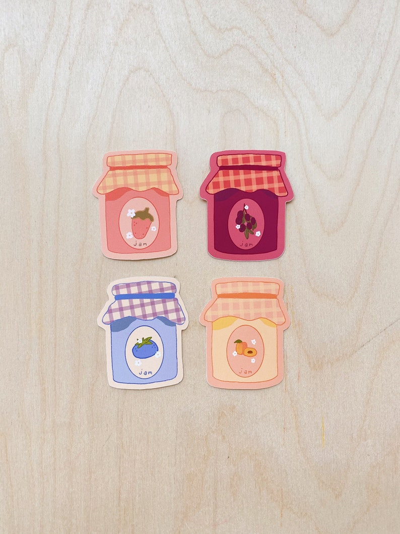 Cottage Core Fruits Waterproof Blueberry Fruit Jam Stickers Set of 4 Grape Gingham Cute Kawaii Strawberry Peach Food Vinyl