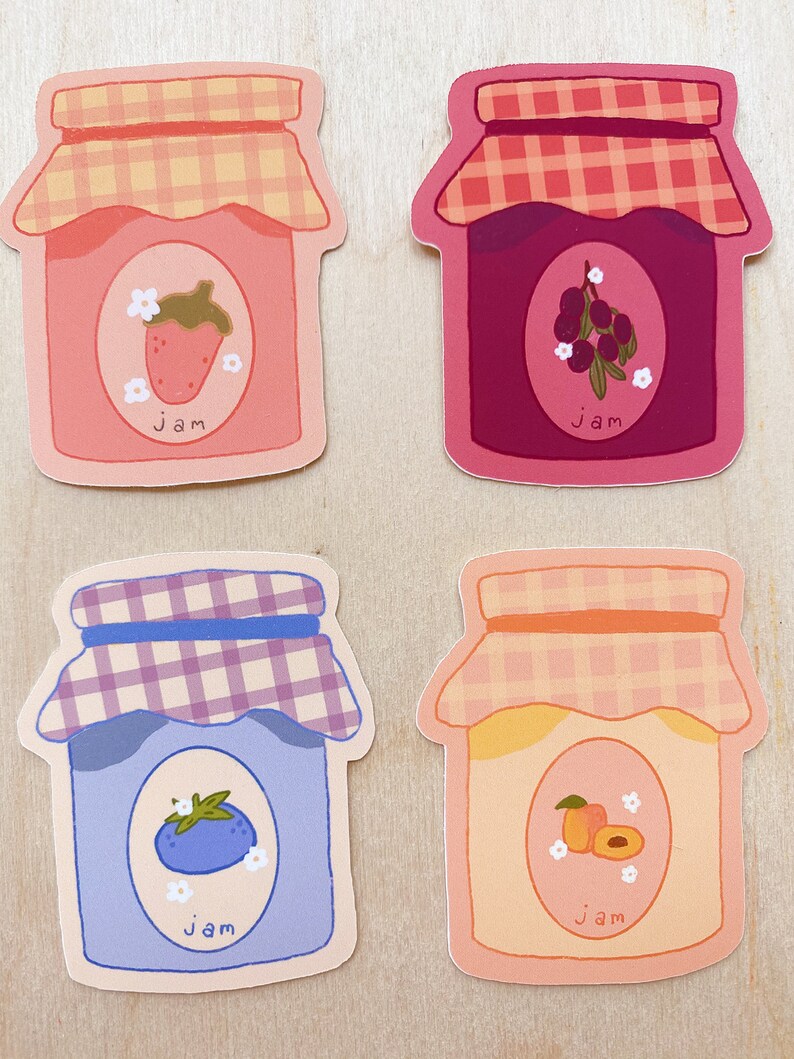 Cottage Core Fruits Waterproof Blueberry Fruit Jam Stickers Set of 4 Grape Gingham Cute Kawaii Strawberry Peach Food Vinyl
