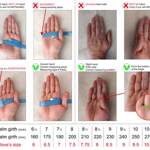 May include: An instructional chart demonstrating how to measure palm girth for glove sizing using a blue measuring tape and a clear ruler. The guide includes text labels, red X and green check marks, and a table converting inches to millimeters.