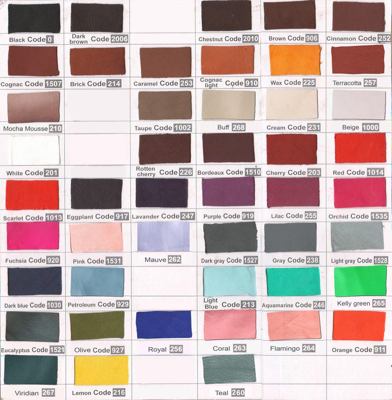 May include: A leather color swatch chart featuring a grid of rectangular samples in various shades including black, brown, red, blue, green, and yellow. Each swatch is labeled with a color name and a corresponding numerical code.