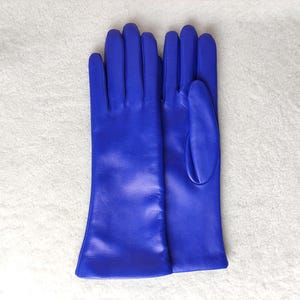 May include: A pair of vibrant royal blue leather gloves featuring a smooth finish, long cuffs, and individual finger compartments. The gloves are displayed side by side, showcasing the consistent saturated blue color and the clean, structured seams of the material.