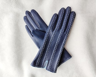 Silk-lined leather gloves Handmade Ladies Gloves Gloves for Driving Genuine  leather gloves Best gift for lady Dark blue Alpine Bordeaux