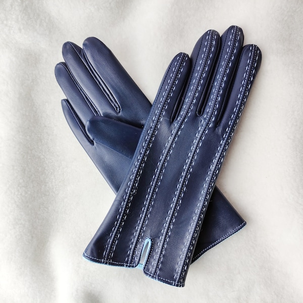 Silk-lined leather gloves Handmade Ladies Gloves Gloves for Driving Genuine  leather gloves Best gift for lady Dark blue Alpine Bordeaux