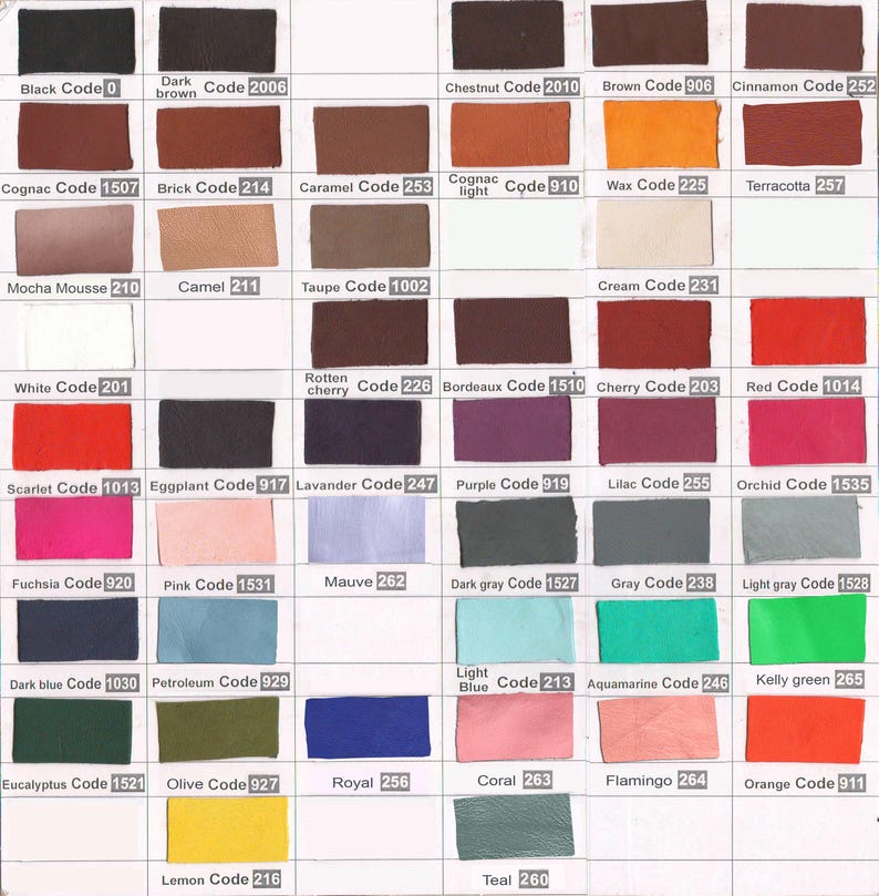 Puede incluir: Una carta de colores con una variedad de muestras de tela. Las muestras muestran una amplia gama de colores, incluyendo negro, marr&oacute;n, rojo, rosa, azul, verde y amarillo. Cada muestra est&aacute; etiquetada con un nombre de color y un c&oacute;digo.