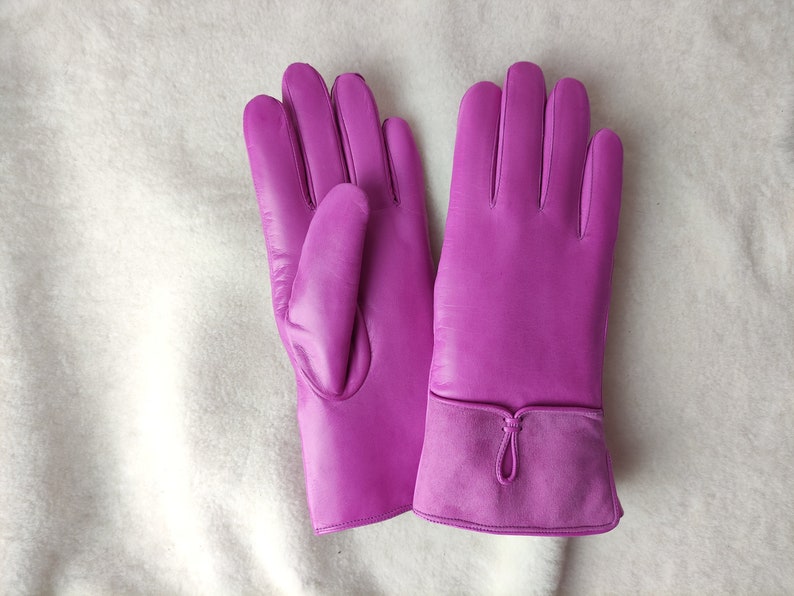 Handmade Sheep Fur-Lined Leather Gloves, Warm Winter Gloves Fuchsia