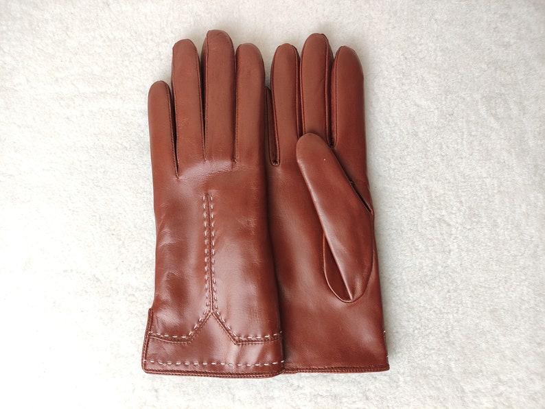 Guantes de piel con forro de cachemira hechos a mano, guantes de conducción de napa para mujer Cognac