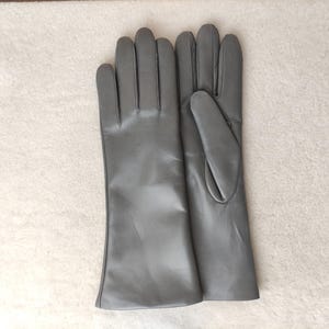 May include: A pair of smooth, matte gray leather gloves with a classic cut. The gloves feature a long wrist design, clean stitching along the fingers, and a simple, unadorned finish. The material has a consistent, solid gray color throughout.