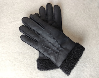 Hand-Sewing Shearling Warm Winter Sheepskin Gloves Man Gloves gift Warm winter gloves Black color