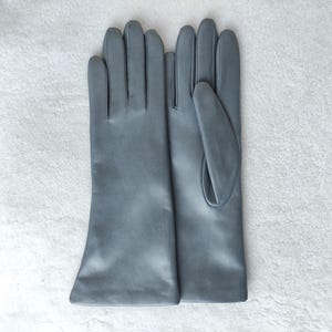 May include: A pair of smooth, matte gray gloves with a classic five-finger design. The gloves feature a clean, seamless construction with a straight wrist opening, showcasing a uniform cool-toned gray color throughout the entire surface.