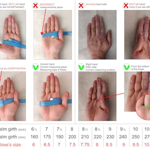 Peut inclure: Un tableau p&eacute;dagogique montrant comment mesurer le tour de paume pour la taille des gants avec un ruban &agrave; mesurer bleu et une r&egrave;gle transparente. Le guide inclut des &eacute;tiquettes, des croix rouges, des coches vertes et un tableau de conversion.