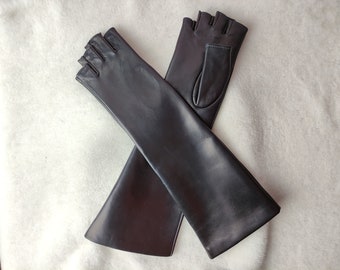 Guantes largos de cuero sin dedos, guantes de conducir de piel de cordero hechos a mano