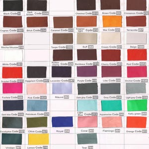 May include: A leather color swatch chart featuring a grid of rectangular samples in various shades including black, brown, red, blue, green, and yellow. Each swatch is labeled with a color name and a corresponding numerical code.