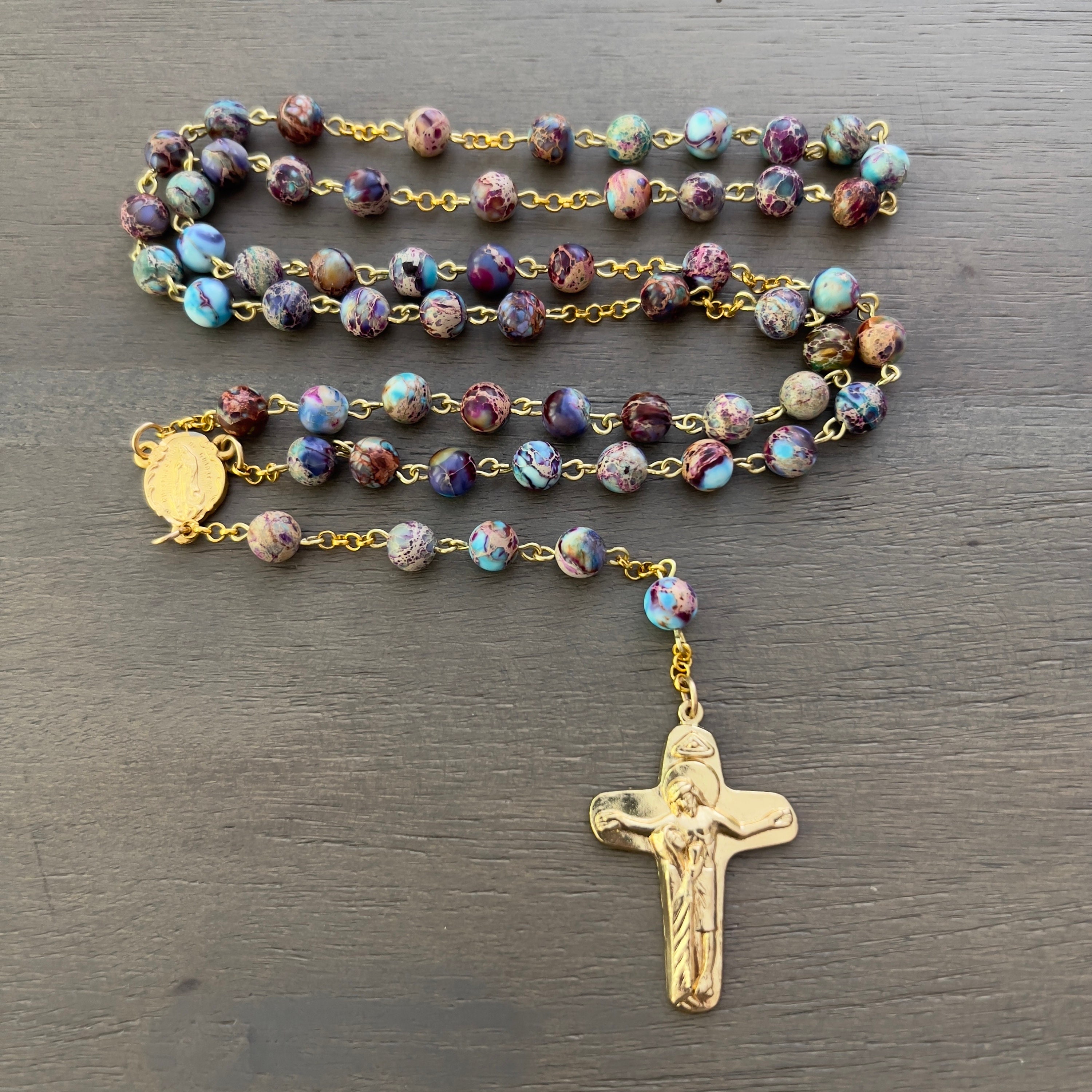 Rosary-6 mm Sea Sediment Beads-Our Lady of Guadalupe Center Medallion-Gold Toned Crucifix-Gold Filled Chain