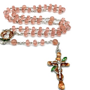 Rosary-Pink Glass Beads-Pewter Rose Petal Crucifix & Center Set With Pink/Green Enamel