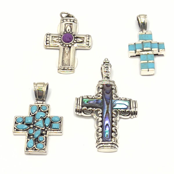 Pendant-Sterling Silver Cross-Turquoise-Abalone-925 Stamp-Native American Style