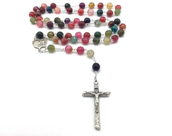 Rosary-Fire Crackle Agate-Sterling Silver Center Medallion-Pewter Log Crucifix-Silver Chain