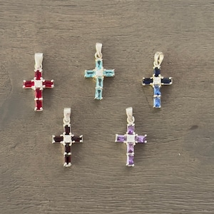 Small Cross Pendant-Birthstone Cross-925-Ruby-Aquamarine-Sapphire-Garnet-Amethyst Stones