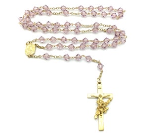 Rosary-Lavender Crystal Bicon Shaped Beads-Gold Tone Italian Pewter Crucifix & Center Medallion-Gold Filled Chain