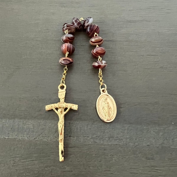 Pocket Rosary-Banded Agate-Gold Miraculous Medal & Papal Crucifix