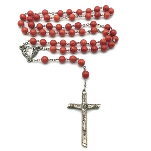 Rosenkranz-Rot-Orange-Runde Karneol-Zinn-Kreuz-Mitte Medaillon-Sterling Silber Kette