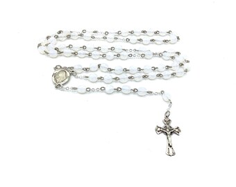 Rosary-Milk Glass Beads-Sterling Silver Crucifix & Center Medallion- First Communion Rosary