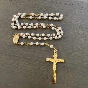 Rosary-Swarovski Pearls-6 mm-Gold Toned-Sacred Heart Medallion-Our Lady Of Mount Carmel