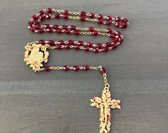 Rosary-Ruby Red Glass Faceted Beads-Gold Tone Pewter Crucifix-Gold Tone  Mother & Child Center Medallion-Gold Chain