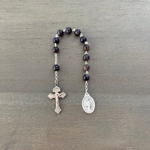 Pocket Rosary-8mm Purple Tigers Eye Beads-Silver Miraculous Medal & Vintage Pewter Pardon Crucifix