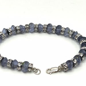 Iridescent Purple Glass & Silver Rhinestone Beaded Bracelet-Twisted Purple Glass-Sterling Silver Lobster Claw Clasp