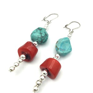 Turquoise, Red Bamboo Coral & Sterling Silver Earrings-Silver Latch Back Closures
