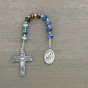Pocket Rosary-Teal Blue Faceted Crystal Beads-St Michael/Guardian Angel Medal-Silver Italian Crucifix