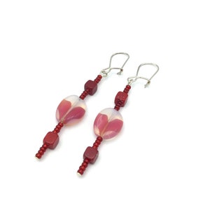 Red-Glass-Seed Bead-Drop Earrings-Square-Twisted Beads-Sterling Silver Latch Back Closure