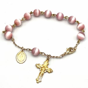 Rosary Bracelet-One Decade-Gold Crucifix & Miraculous Medal-Pink Cats Eye Beads
