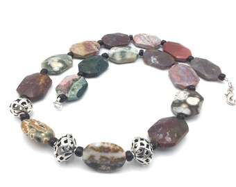 Chunky Sea Sediment Jasper & Sterling Silver Beaded Necklace-Sterling Silver Lobster Claw Clasp