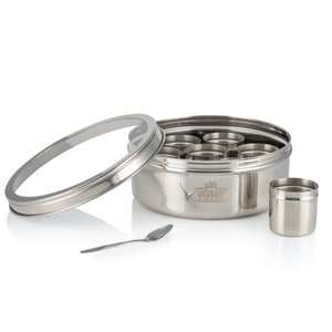 Indian Tiffin Masala Dabba, Clear Lid with Pots, Free Spice Labels & Spoon - Large