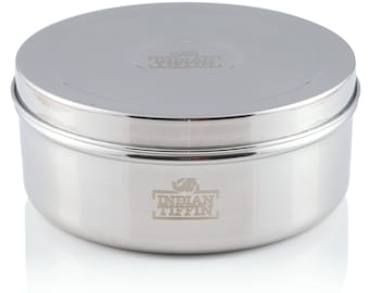 Indian Tiffin Masala Dabba, Steel Lid with Steel Pots, Free Spice Labels & Spoon - Large