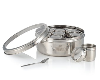 Tiffin Masala Dabba indio, tapa transparente con recipientes transparentes, etiquetas de especias y cuchara gratis - Grande