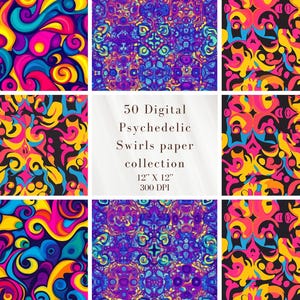 50 Digital Psychedelic Swirls Paper Pack | 12x12&quot; 300 DPI | Trippy Abstract Patterns | Seamless Backgrounds | Scrapbook Paper