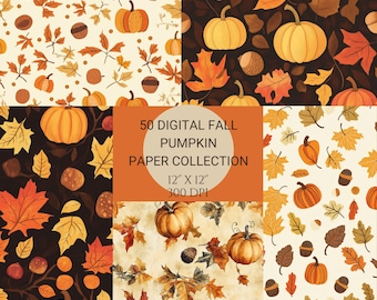 Digital Paper Pack 50 herfstpompoenen: naadloze herfstpatronen (digitale download)