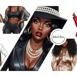Może przedstawiać: Sztuka cyfrowa przedstawiająca wiele ilustracji czarnych kobiet w różnych strojach. Obrazy obejmują kobietę w czarnej marynarce i kapeluszu, kobietę w czerwonej marynarce i kobietę w stroju sportowym. Tekst "Black Boss" znajduje się w okręgu.