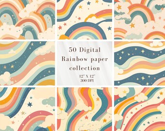Pode incluir: Uma coleção de papel digital com 50 designs diferentes de arco-íris, estrelas e nuvens em uma paleta de cores retrô. Os designs são de 30,48 cm por 30,48 cm e 300 DPI.