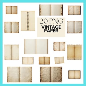 May include: A collection of 20 PNG vintage paper images. The images include open and closed books, notebooks, and individual pages with aged, stained textures. The text "20 PNG VINTAGE PAPER" is displayed in the center.