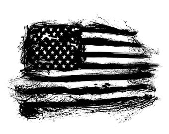 May include: A distressed black and white American flag with a grunge effect. The flag is faded and worn, with visible brushstrokes and splatters of paint.
