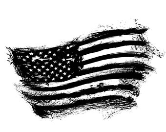 May include: A black and white distressed American flag design with a grunge effect. The flag is waving in the wind and has a faded look.