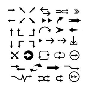 May include: A set of 36 black arrow icons, including left, right, up, down, curved, and diagonal arrows. The arrows are in various styles and sizes.
