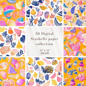 50 Digital Seashells Paper Pack | 12x12" 300 DPI | Ocean Beach Patterns | Seamless Backgrounds | Scrapbook Paper