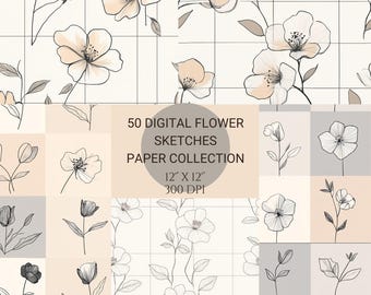 50 handgetekende bloemenschetspapier: naadloze botanische patronen (digitale download)