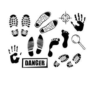 Puede incluir: Ilustraciones en blanco y negro de huellas de pies, suelas de zapatos, huellas de manos y huellas. También se incluyen un objetivo, una lupa y un letrero que dice "PELIGRO". Las imágenes están dispuestas sobre un fondo blanco.